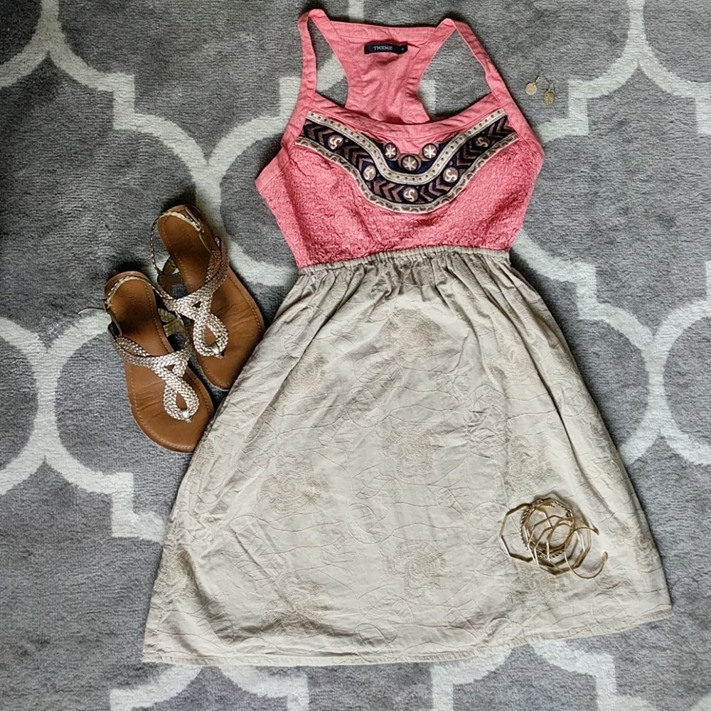 Coral and Tan Embroidered Racerback Summer Dress